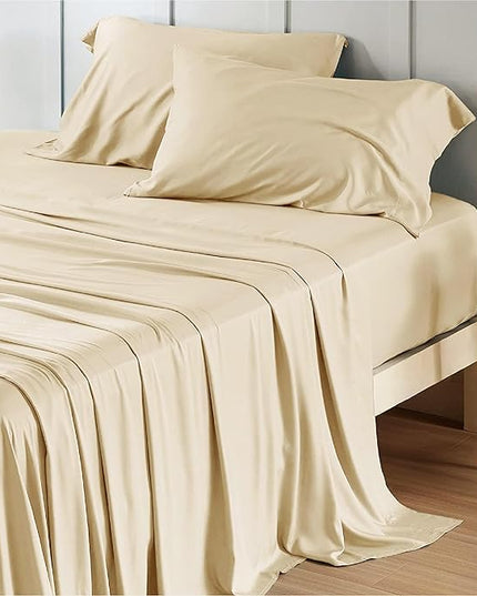 Bedsure California King Sheet Sets, Cooling Sheets, Rayon Derived from Bamboo, Deep Pocket Up to 16", Breathable & Soft Bed Sheets, Hotel Luxury Silky Bedding Sheets & Pillowcases, Alabaster Gleam - LeafyLoom