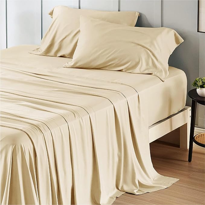 Bedsure California King Sheet Sets, Cooling Sheets, Rayon Derived from Bamboo, Deep Pocket Up to 16", Breathable & Soft Bed Sheets, Hotel Luxury Silky Bedding Sheets & Pillowcases, Alabaster Gleam - LeafyLoom