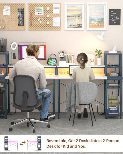 armocity 2024 Upgrade Gaming Desk with LED Lights, Small Computer Desk with Long Monitor Stand, 40'' Reversible Laptop Table with Shelves, Small Desk for Small Spaces, Gaming Room, White and Blue - LeafyLoom