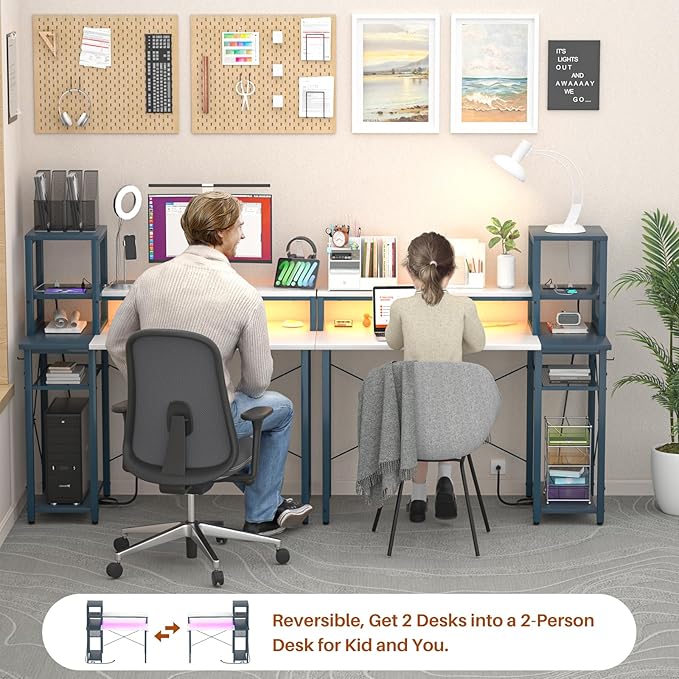 armocity 2024 Upgrade Gaming Desk with LED Lights, Small Computer Desk with Long Monitor Stand, 40'' Reversible Laptop Table with Shelves, Small Desk for Small Spaces, Gaming Room, White and Blue - LeafyLoom