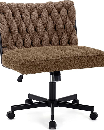 Criss Cross Legged Office Desk Chair with Wheels, Modern Armless Desk Chair with Wide Seat, Home Office Chair for Work, Meditation, Vanity, Brown - LeafyLoom