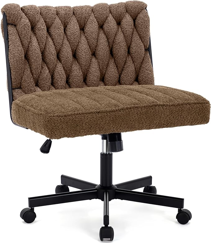 Criss Cross Legged Office Desk Chair with Wheels, Modern Armless Desk Chair with Wide Seat, Home Office Chair for Work, Meditation, Vanity, Brown - LeafyLoom