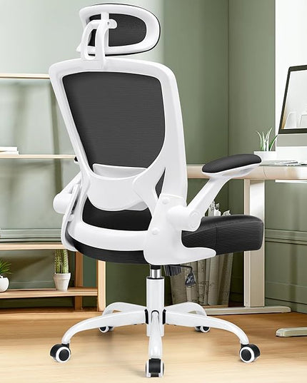 KERDOM Ergonomic Office Chair, Breathable Mesh Desk Chair, Lumbar Support Computer Chair with Headrest and Flip-up Arms, Swivel Task Chair, Adjustable Height Gaming Chair, White - LeafyLoom