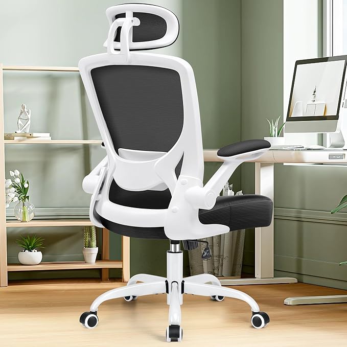 KERDOM Ergonomic Office Chair, Breathable Mesh Desk Chair, Lumbar Support Computer Chair with Headrest and Flip-up Arms, Swivel Task Chair, Adjustable Height Gaming Chair, White - LeafyLoom