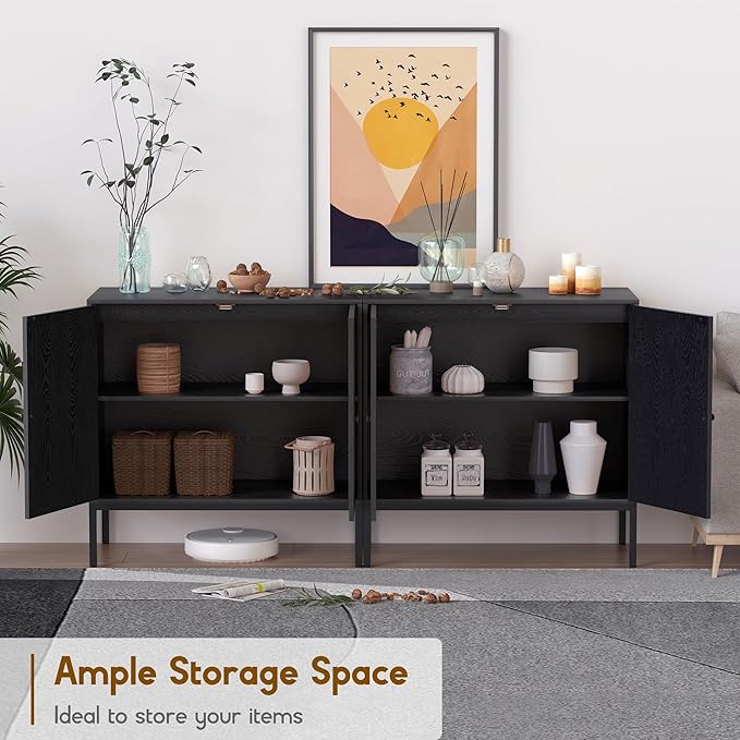 XIAO WEI Sideboard Cabinet with Handmade Natural Rattan Woven Doors, Rattan Cabinet Console Table Storage Credenza Buffet, for Kitchen, Living Room, Hallway, Entryway-2 Pieces(Black) - LeafyLoom