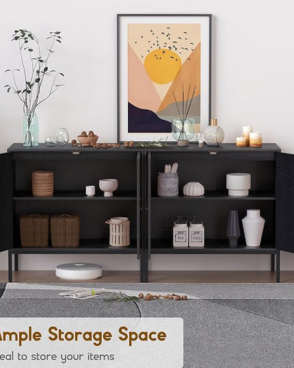 XIAO WEI Sideboard Cabinet with Handmade Natural Rattan Doors, Rattan Cabinet Accent Buffet Cabinet Console Table, for Living Room Dining Room Hallway kitchen-2 Pieces(Black Oval) - LeafyLoom