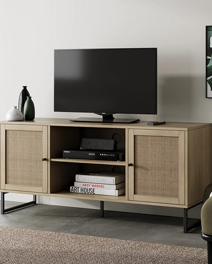 Nathan James 74101 Mina Modern TV Stand, Entertainment Cabinet, Media Console with a Natural Oak Wood Finish and Matte Black Accents with Storage Doors for Living Room or Media Room, Oak/Black - LeafyLoom