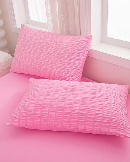 Pink Comforter Sets King Size, Pink Seersucker Bedding Set 3-Pieces Bed in a Bag Microfiber Lightweight Comforter All Season Bedding Sets with 2 Pillowcases - LeafyLoom