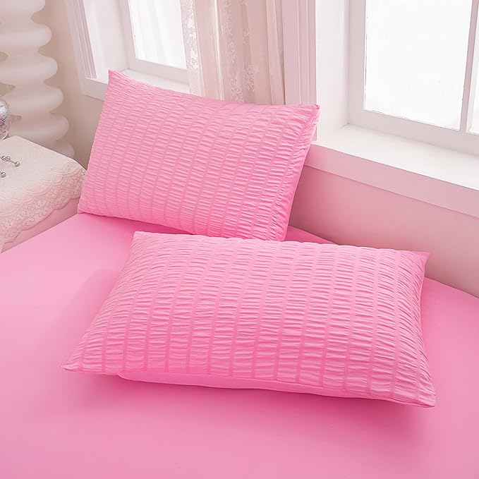 Pink Comforter Sets King Size, Pink Seersucker Bedding Set 3-Pieces Bed in a Bag Microfiber Lightweight Comforter All Season Bedding Sets with 2 Pillowcases - LeafyLoom