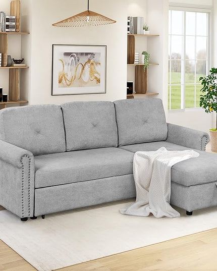 83'' L-Shape Convertible Sleeper Sectional Sofa with Storage Chaise and Pull-Out Bed, Velvet Upholstered Reversible Corner Couch w/Tufted Cushions, for Living Room, Apartment - LeafyLoom