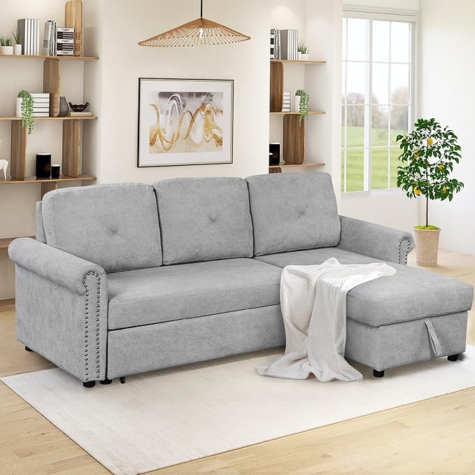 83'' L-Shape Convertible Sleeper Sectional Sofa with Storage Chaise and Pull-Out Bed, Velvet Upholstered Reversible Corner Couch w/Tufted Cushions, for Living Room, Apartment - LeafyLoom