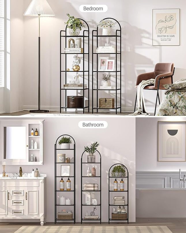 Bookcase Bookshelf, Tempered Glass Bookshelves, Slim Shelving Unit for Bedroom, Bathroom, Home Office, Steel Frame, 5 Tier Black BC05001B - LeafyLoom