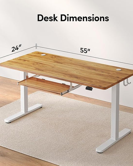 FEZIBO Standing Desk with Keyboard Tray, 55 × 24 Inches Electric Height Adjustable Desk, Sit Stand Up Desk, Computer Office Desk, Light Rustic - LeafyLoom