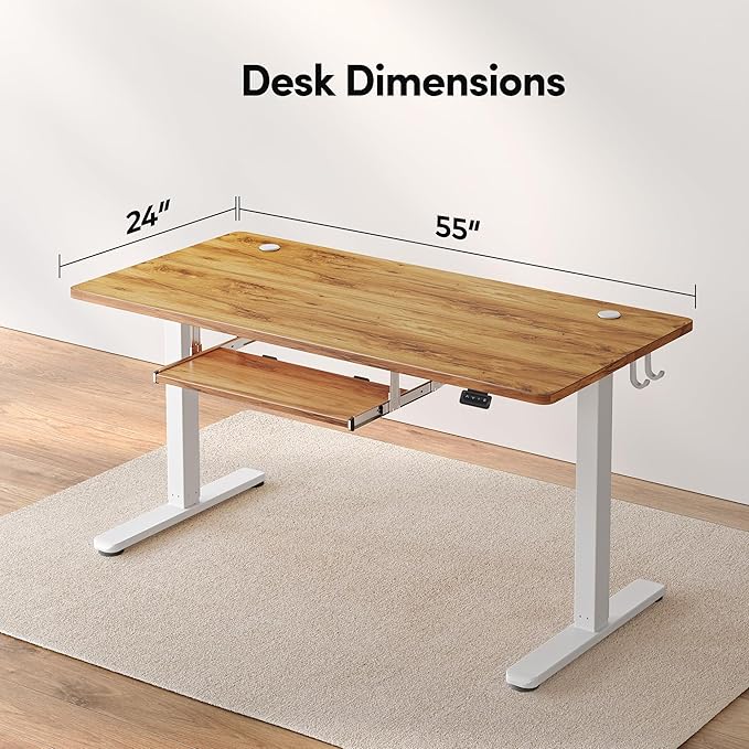 FEZIBO Standing Desk with Keyboard Tray, 55 × 24 Inches Electric Height Adjustable Desk, Sit Stand Up Desk, Computer Office Desk, Light Rustic - LeafyLoom
