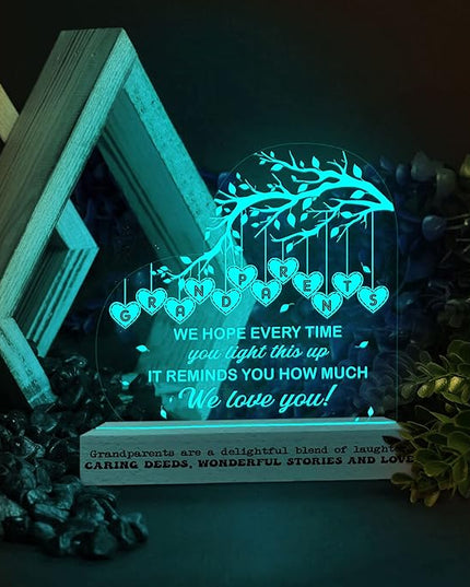 Grandparents 3D Illusion Lamp w/Wooden Base USB Powered, Acrylic Night Light, Grandma & Grandpa Gift from Grandchildrens, Grandparents Lamp Present, Gift for Birthday Fathers Day Mothers Day - LeafyLoom
