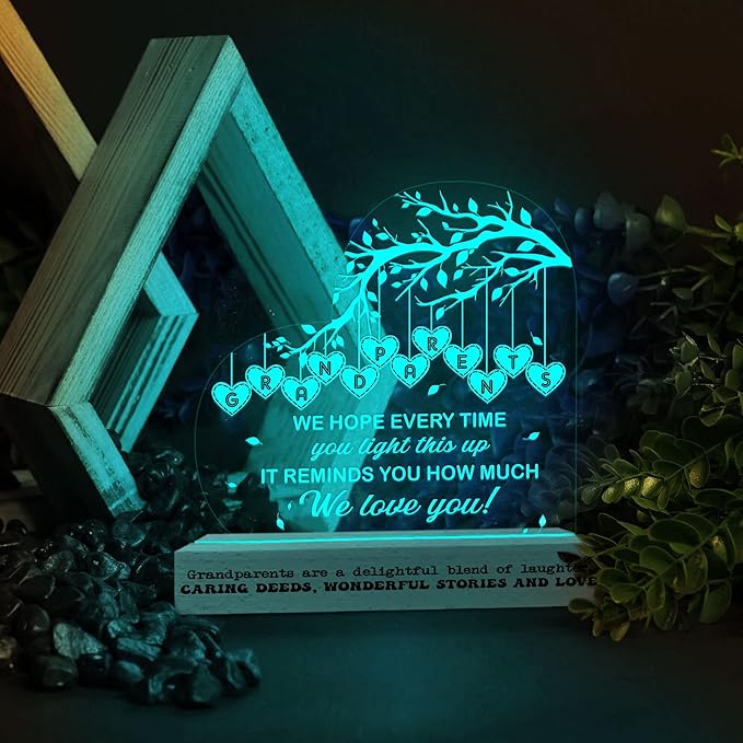 Grandparents 3D Illusion Lamp w/Wooden Base USB Powered, Acrylic Night Light, Grandma & Grandpa Gift from Grandchildrens, Grandparents Lamp Present, Gift for Birthday Fathers Day Mothers Day - LeafyLoom