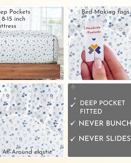 California Design Den Floral Sheets Pattern Twin Sheet Set, Luxury 400 Thread Count 100% Cotton Sheets, (Blooming Meadows) - LeafyLoom