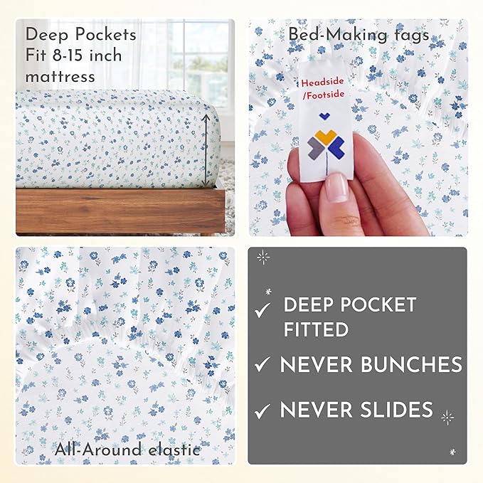 California Design Den Floral Sheets Pattern Twin-XL Sheet Set, Luxury 400 Thread Count 100% Cotton Sheets, (Blooming Meadows) - LeafyLoom