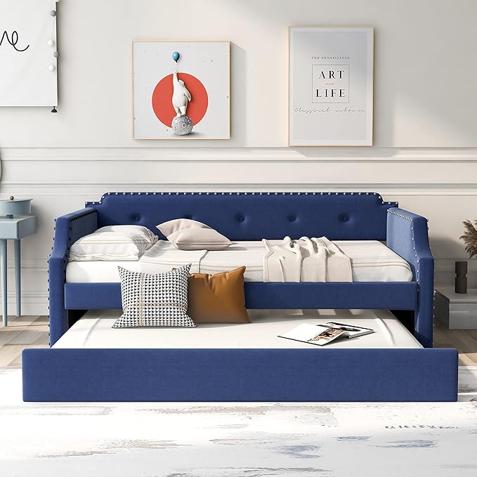 Twin Size Upholstered Trundle, Daybed Frame Sofa Bed for Bedroom Living Room Guestroom, Wood Slat Support, Space Saving Design, Blue - LeafyLoom