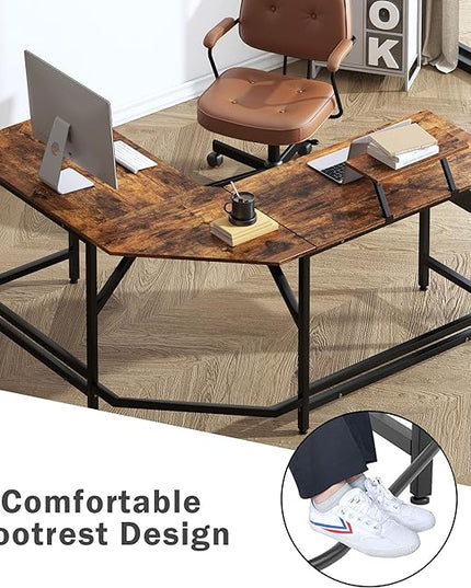 DlandHome Reversible L-Shaped Desk Large Corner Desk Folding Table Computer Desk Home Office Table Computer Workstation, Retro - LeafyLoom