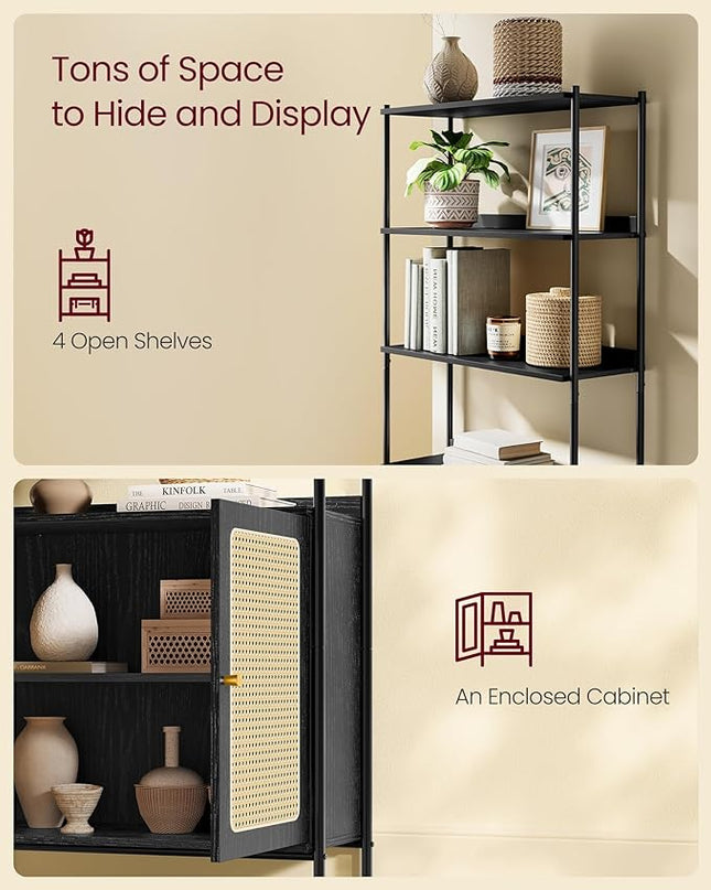 VASAGLE 6-Tier Bookcase, Bookshelf with Rattan-Like Door, Boho Style, Freestanding 30.1-Inch Wide Storage Shelf, Metal Frame, Adjustable Shelf, for Living Room, Ebony Black and Matte Black ULLS124B56 - LeafyLoom