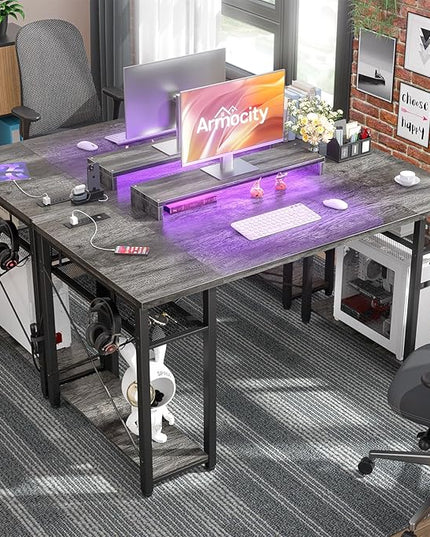 armocity Computer Desk with LED Lights, 55 Inch Desk with Power Outlet and USB, Reversible Large Desk with Moveable Monitor Stand, 55.2'' Gaming PC Table for Home Office, Workstation, Grey - LeafyLoom