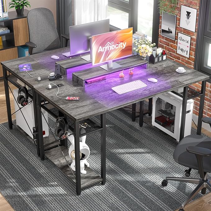armocity Computer Desk with LED Lights, 55 Inch Desk with Power Outlet and USB, Reversible Large Desk with Moveable Monitor Stand, 55.2'' Gaming PC Table for Home Office, Workstation, Grey - LeafyLoom