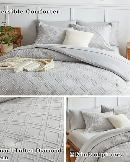 7 Pieces Tufted Bed in a Bag Queen Comforter Set with Sheets Light Grey, Soft and Embroidery Shabby Chic Boho Bohemian, Solid Color with Diamond Pattern, Jacquard Tufts Bedding Set for All Season - LeafyLoom