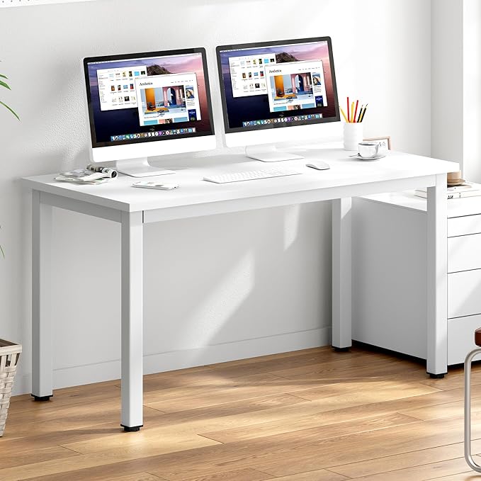 DlandHome 55 inches Large Computer Desk, Composite Wood Board, Decent and Steady Home Office Desk/Workstation/Table, BS1-140WW White and White Legs, 1 Pack - LeafyLoom