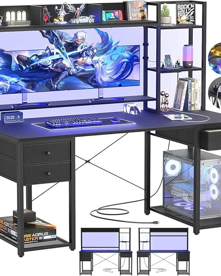 Aheaplus Desk with LED and Outlets, Gaming Desk with Hutch, 47.2'' Computer Desk with Drawers, Reversible Office Desk with Storage Bookshelf Large Workstation Desk with Shelf, Desk for Home, Black - LeafyLoom