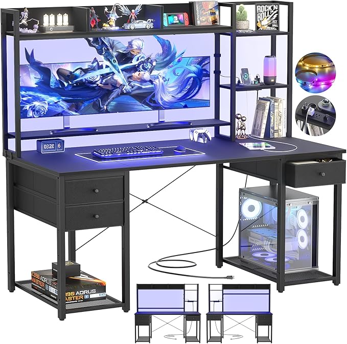 Aheaplus Desk with LED and Outlets, Gaming Desk with Hutch, 55.2'' Computer Desk with Drawers, Reversible office desk with storage bookshelf Large Workstation Desk with Shelf, Desk for Home, Black - LeafyLoom