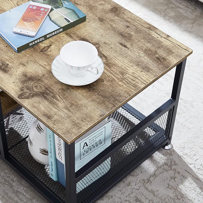 VECELO Coffee Center Table with Storage for Living Room Office Reception, Modern & Industrial Mesh Shelf, 39.4 Inch, Grey - LeafyLoom