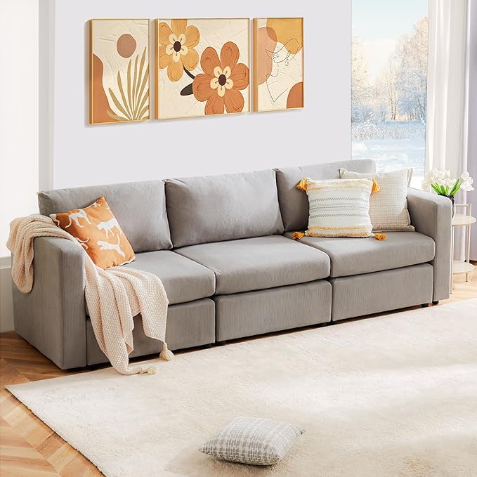 Sweetcrispy Convertible Modular Sectional Sofa, 3 Seat Sectional Couches for Living Room, Basic Shape Modern Fabric Modular Sofa Sleeper with Double Chaise for Home, Apartment, Dorm, Grey - LeafyLoom