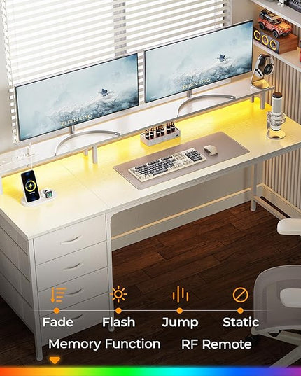 63 Inch Computer Desk with Power Outlets and LED Lights, Gaming Desk with 4 Drawers, Office Desk with Monitor Stand, Study Desk Work Desk for Home Office, White - LeafyLoom