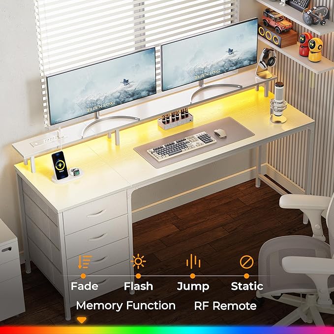 63 Inch Computer Desk with Power Outlets and LED Lights, Gaming Desk with 4 Drawers, Office Desk with Monitor Stand, Study Desk Work Desk for Home Office, White - LeafyLoom