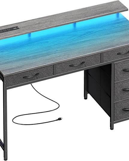 Gaming Desk with 6 Drawers, Computer Desk with LED Lights Power Outlets and Type-C, 39 Inch Office Desk with Storage, Monitor Stand, Writing Desk Work Desk for Home Office, Bedroom, Study, Grey - LeafyLoom