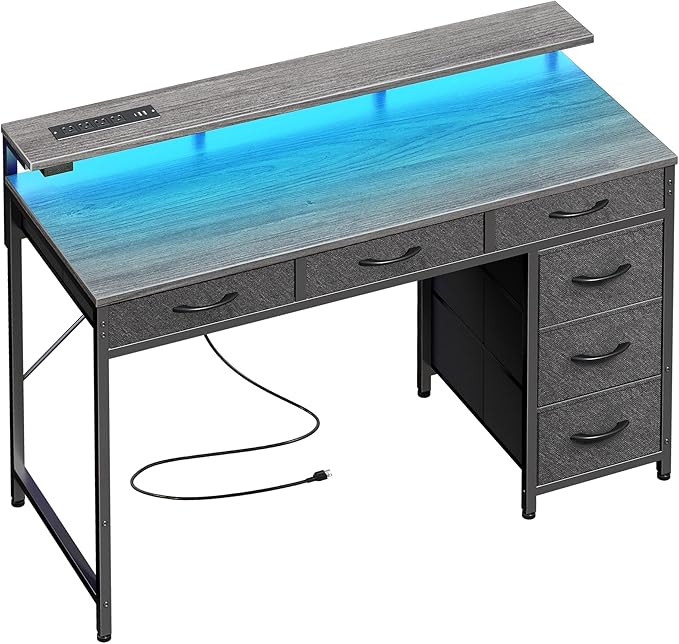 Gaming Desk with 6 Drawers, Computer Desk with LED Lights Power Outlets and Type-C, 39 Inch Office Desk with Storage, Monitor Stand, Writing Desk Work Desk for Home Office, Bedroom, Study, Grey - LeafyLoom