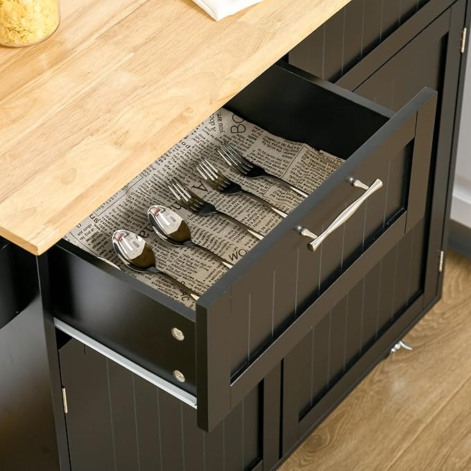 HOMCOM 41" Modern Rolling Kitchen Island on Wheels, Utility Cart Storage Trolley with Rubberwood Top & Drawers, Black - LeafyLoom