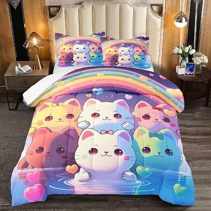 Rainbow Cat Comforter Full Size - Rainbow Cat Bedding for Girls Room Cute Cartoon Rainbow Bedding Full Comforter Sets for Kids, 1 Comforter+2 Pillowcases - LeafyLoom