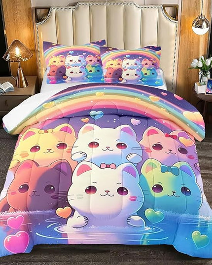 Rainbow Cat Comforter Queen Size - Rainbow Cat Bedding for Girls Room Cute Cartoon Rainbow Bedding Queen Comforter Sets for Kids, 1 Comforter+2 Pillowcases - LeafyLoom