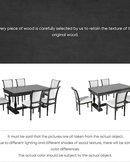 59.4 Inch Dining Table Set for 6, 7-Piece Dining Table with 4 Trestle Base and 6 Upholstered Chairs with Slightly Curve and Ergonomic Seat Back, Black - LeafyLoom