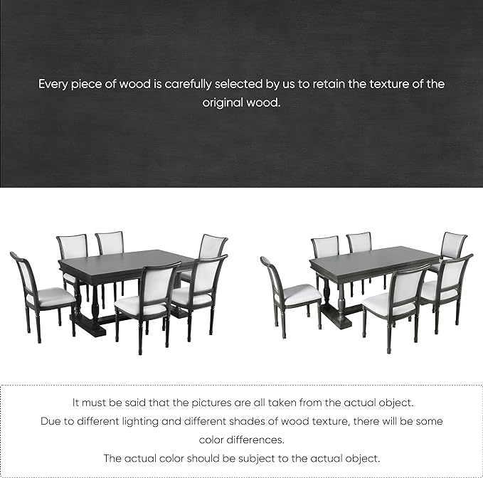 59.4 Inch Dining Table Set for 6, 7-Piece Dining Table with 4 Trestle Base and 6 Upholstered Chairs with Slightly Curve and Ergonomic Seat Back, Black - LeafyLoom