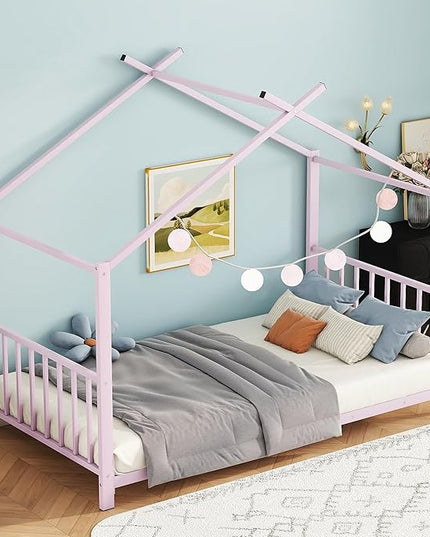 Twin Size Kids Montessori Floor Bed,House Bed Frame with High Headboard,Twin Floor Bed with Roof for Boys Girls,Floor Bed Metal Frame (Pink) - LeafyLoom