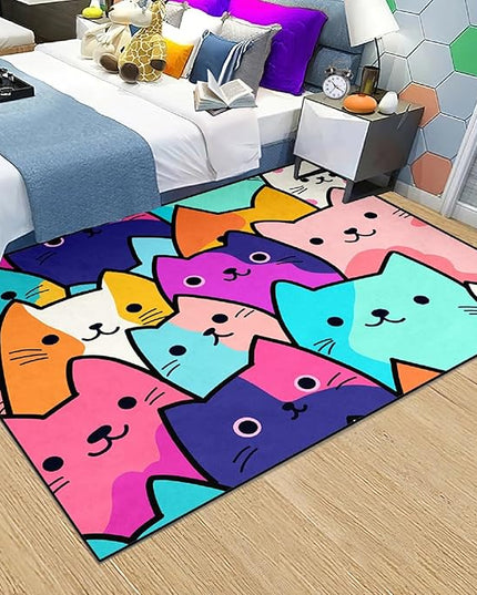 Cat Rug for Girls Bedroom - Cat Area Rug Cartoon Cat Rug Carpet for Kids Room Cute Cat Rugs Room Decor Colorful Anime Rug with Cat Printed, 3x4 Feet - LeafyLoom