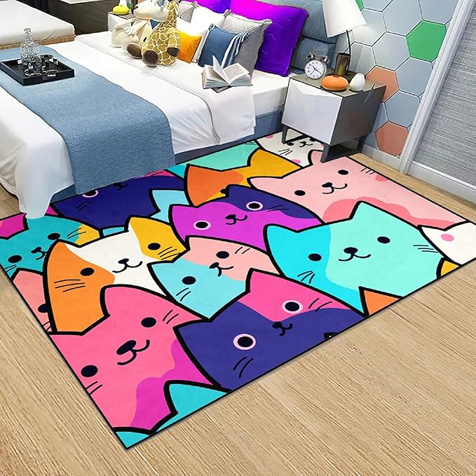 Cat Rug for Girls Bedroom - Cat Area Rug Cartoon Cat Rug Carpet for Kids Room Cute Cat Rugs Room Decor Colorful Anime Rug with Cat Printed, 4x5 Feet - LeafyLoom