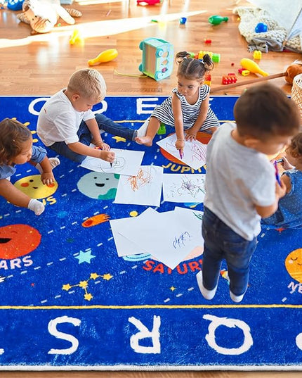 Outer Space Kids Rug,59"X39.4" ABC Alphabet Educational Kids Rugs for Playroom,Non Slip Solar System Galaxy Planets Playroom Rug,Washable Kids Area Rug Carpet for Classroom Bedroom Kids Room Decor - LeafyLoom