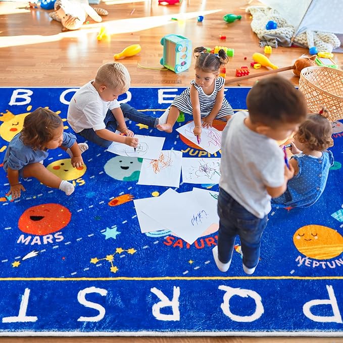 Outer Space Kids Rug,59"X39.4" ABC Alphabet Educational Kids Rugs for Playroom,Non Slip Solar System Galaxy Planets Playroom Rug,Washable Kids Area Rug Carpet for Classroom Bedroom Kids Room Decor - LeafyLoom
