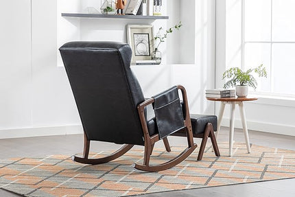 Armchair with Ottoman, Mid-Century Upholstered Accent Nursery, Glider Rocker Thick Cushion, Comfy Indoor Leisure Lounge Living Room, Bedroom, Office, Rocking Chair, Black - LeafyLoom