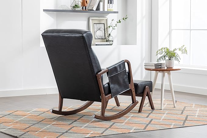Armchair with Ottoman, Mid-Century Upholstered Accent Nursery, Glider Rocker Thick Cushion, Comfy Indoor Leisure Lounge Living Room, Bedroom, Office, Rocking Chair, Black - LeafyLoom
