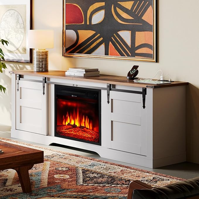 oneinmil Fireplace TV Stand with 18” Electric Fireplace, 58” TV Console Stand for TVs Up to 65", Entertainment Center, Fireplace for The Living Room TV Stand, White - LeafyLoom